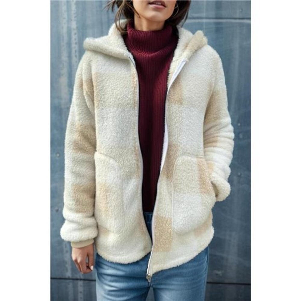 Double Take Full Size Plaid Long Sleeve Hooded Coat